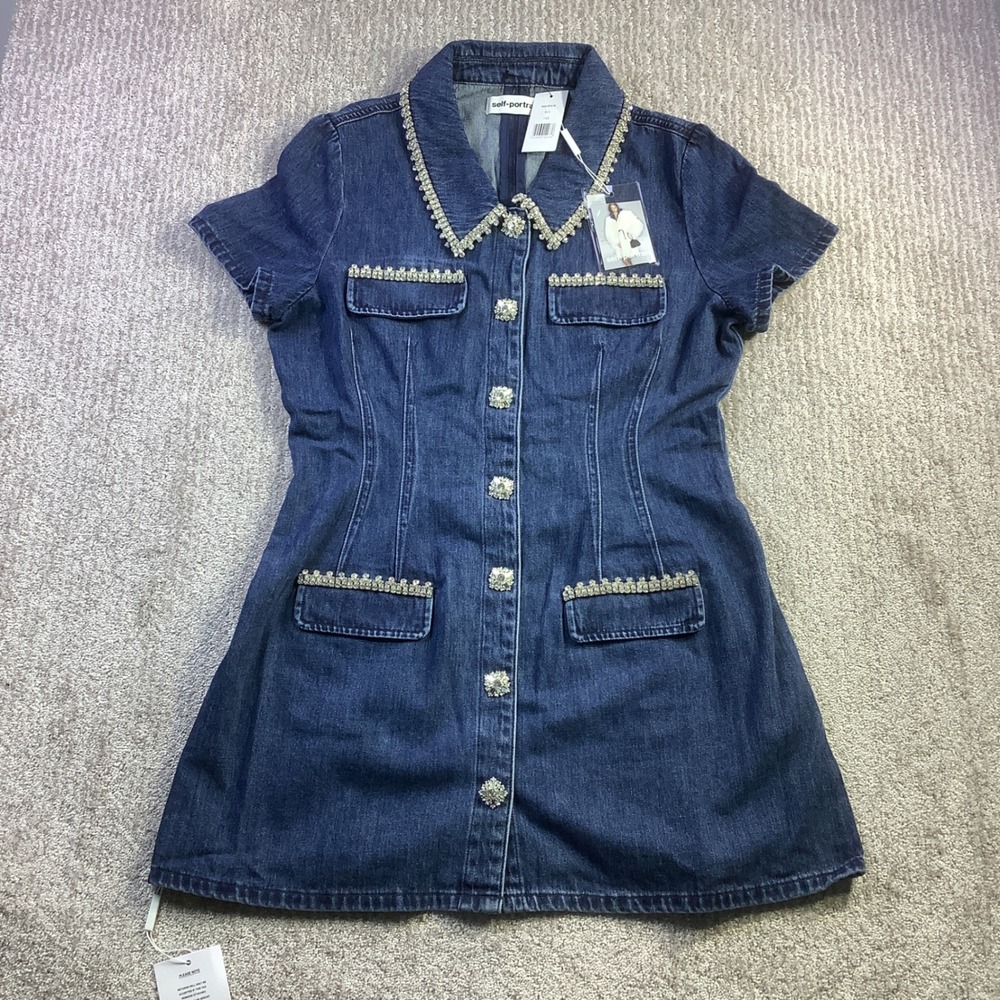Self Portrait Blue Denim Collared Mini Dress Crystal Rhinestone Trim Size 12 NWT